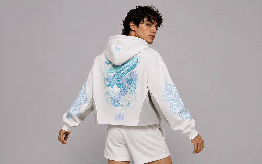 Back view of model wearing a white cropped hoodie with a turquoise and lavender cloud dragon graphic across the back, matching cloud sleeve prints, grey side panels, paired with white sweat shorts — streetwear brand hoodie collection.